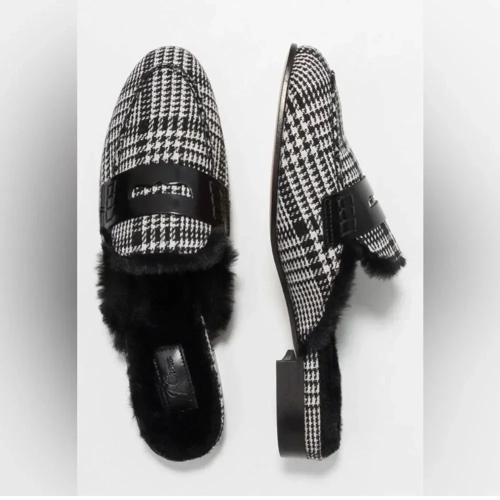 J.Crew Academy Loafer Mule with Faux Fur Lining Black/ Ivory Plaid Fabric
